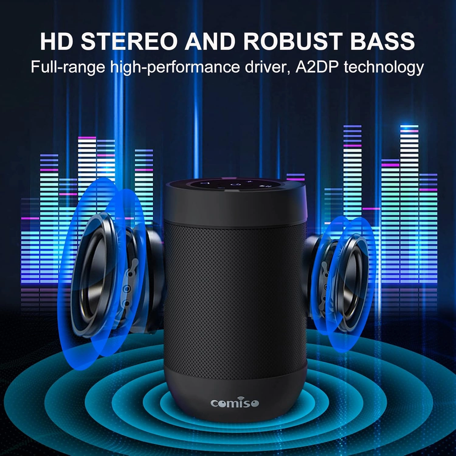 comiso Bluetooth Speaker,5.3 Bluetooth Speakers Wireless,TWS Stereo Pairing,Built in Mic,360 HDSound,IP65 Waterproof Speaker,Support TF Card, for Home/Party/Outdoor/Beach, Gift for Men/Women-Black