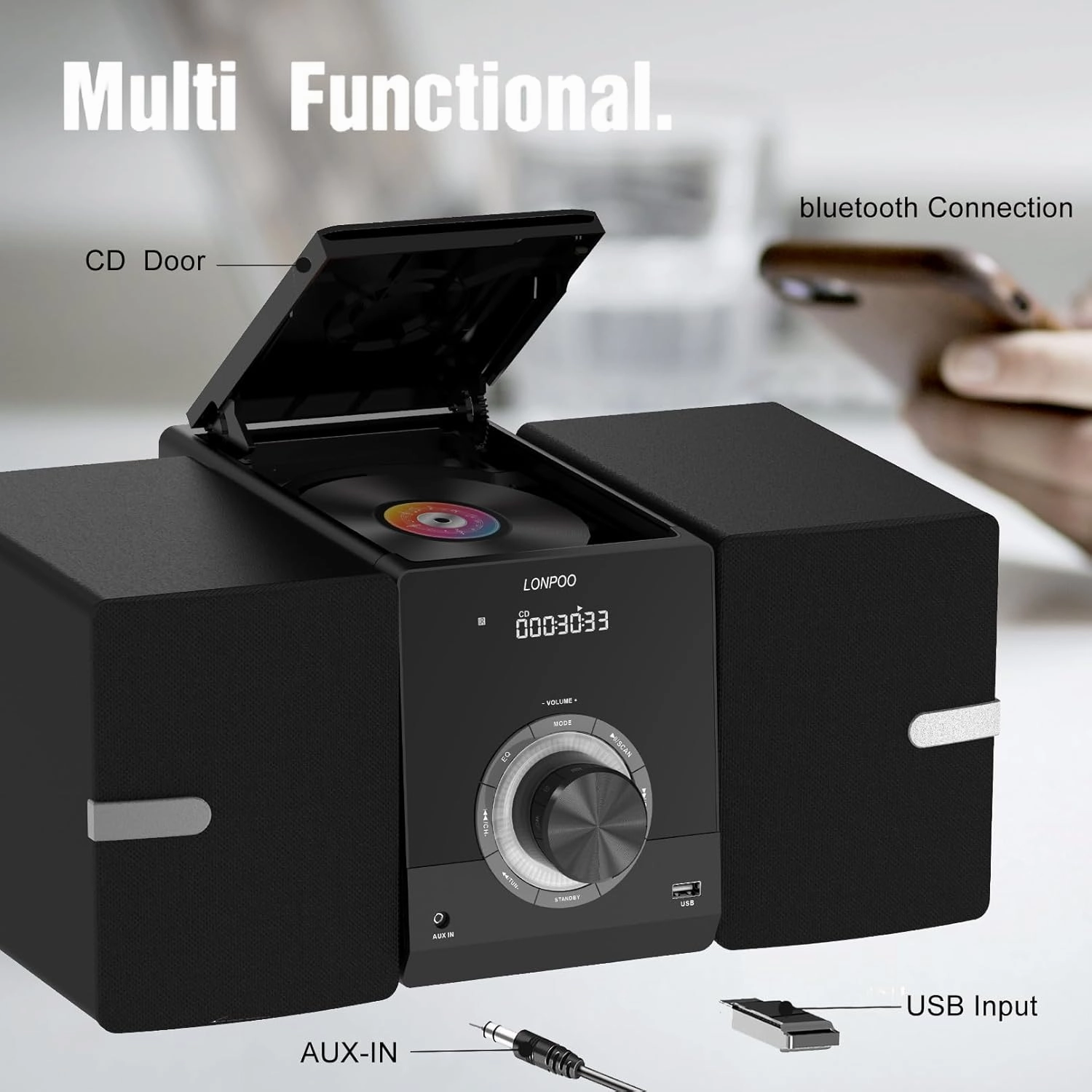Compact Stereo System for Home, 30W CD Player with Speakers, Bluetooth, FM Radio, Aux-in, USB Playback, Earphone Output Port, DSP-Tech, Crisp-Sound, Remote