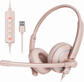 Computer USB Headset with Microphone for PC Laptop - WiredHeadphones with in-Line Control, Lightweight, Enhanced Sound & MIC Mute(Pink) noise cancelling headphones,ANC headphones,travel headphones,