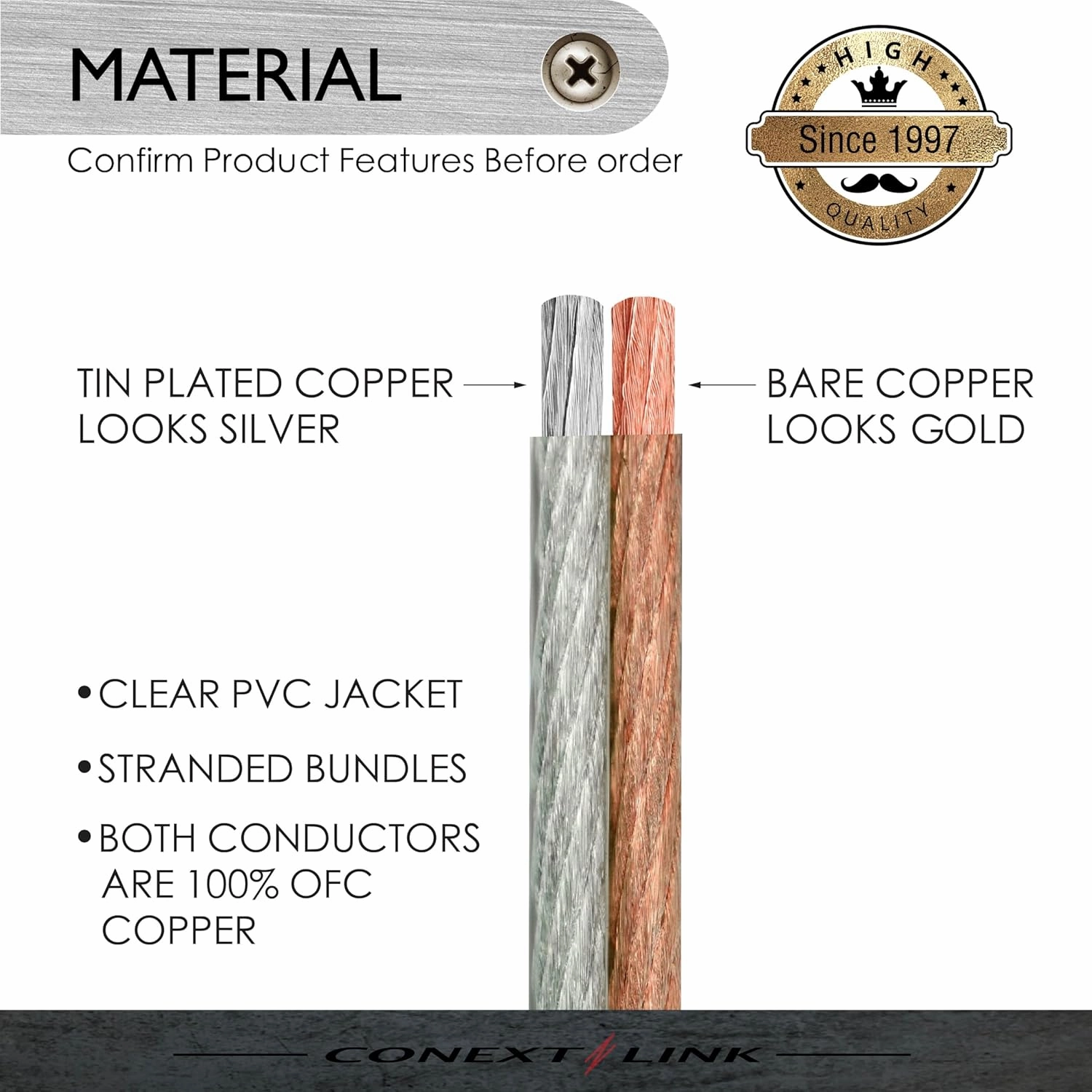 Conext Link PSC24CGS-50 Parallel Gold Silver Speaker Cables Full Gauge Oxygen Free Copper Zip Wire (24 Gauge, 50 feet) (11342
