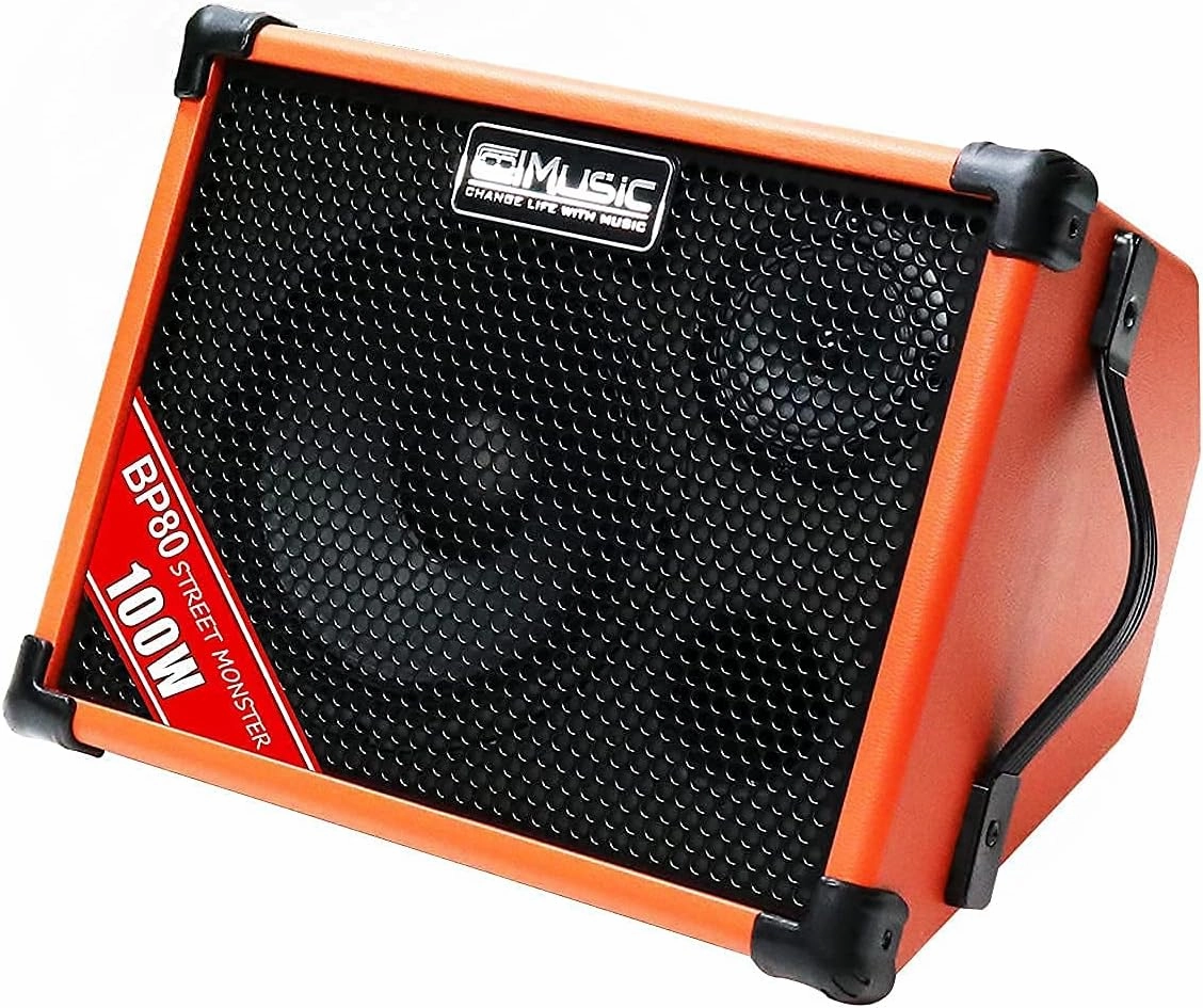 Coolmusic BP80 Battery Powered Acoustic Guitar Amplifier- Portable Bluetooth Speaker 100W, 6 Inputs,3 Band EQ,Orange power amplifier,stereo amp,hi-fi power amp,