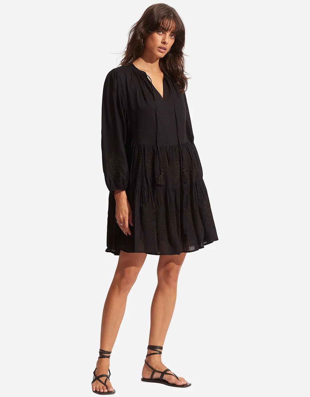 Corsica Embroidery Tier Dress - Black