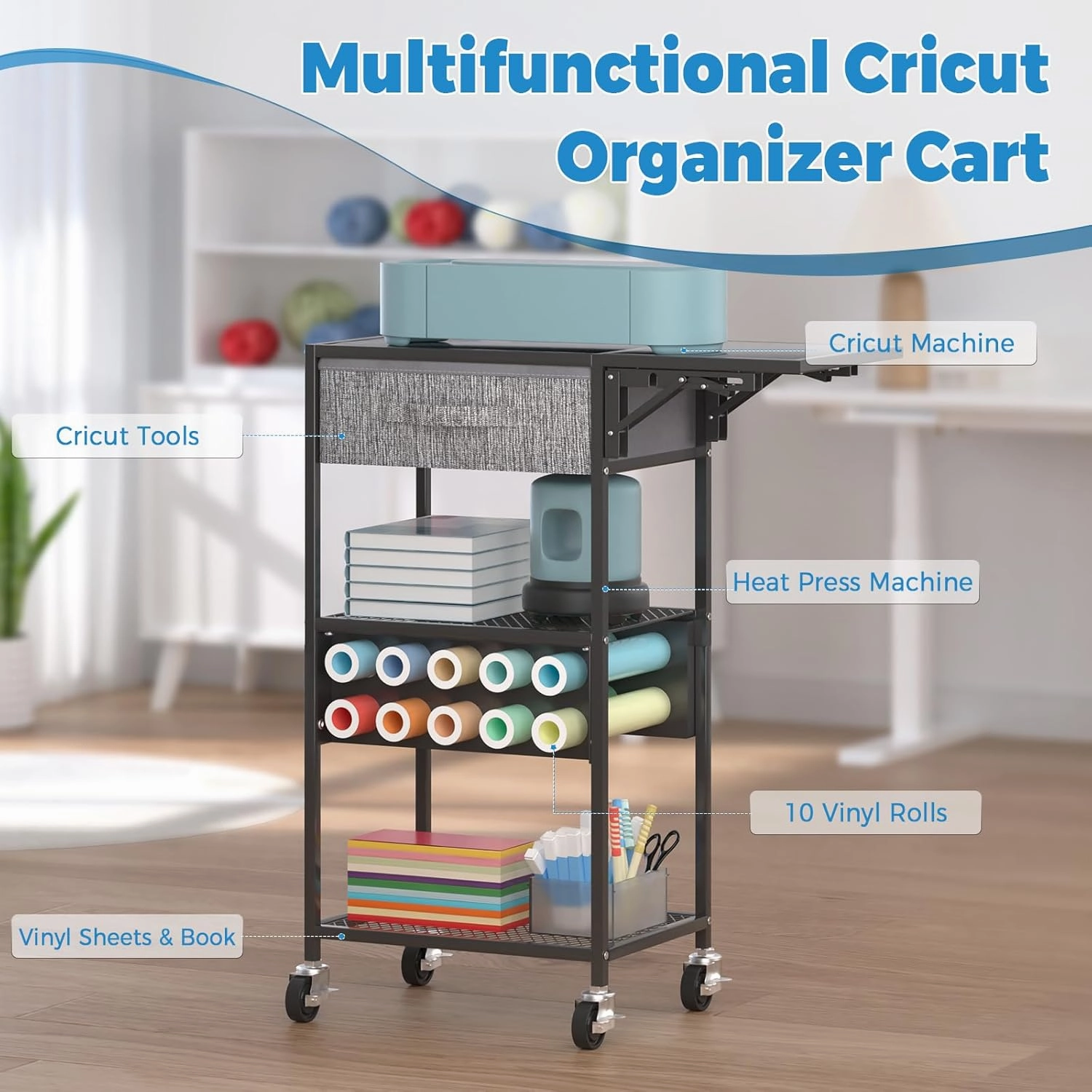 Craft Cart and Organizer Table Compatible with Craft Cutting Machine - Rolling Storage Organizer with Drawer & Vinyl Roll Holder, Crafting Table Workstation Holder for Craft Room Home Office (Black)