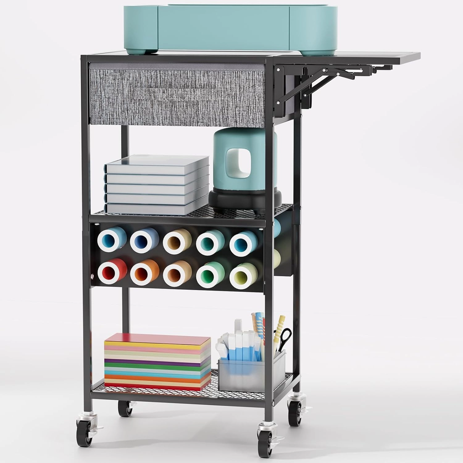 Craft Cart and Organizer Table Compatible with Craft Cutting Machine - Rolling Storage Organizer with Drawer & Vinyl Roll Holder, Crafting Table Workstation Holder for Craft Room Home Office (Black) vinyl accessories,turntable parts,record player tools