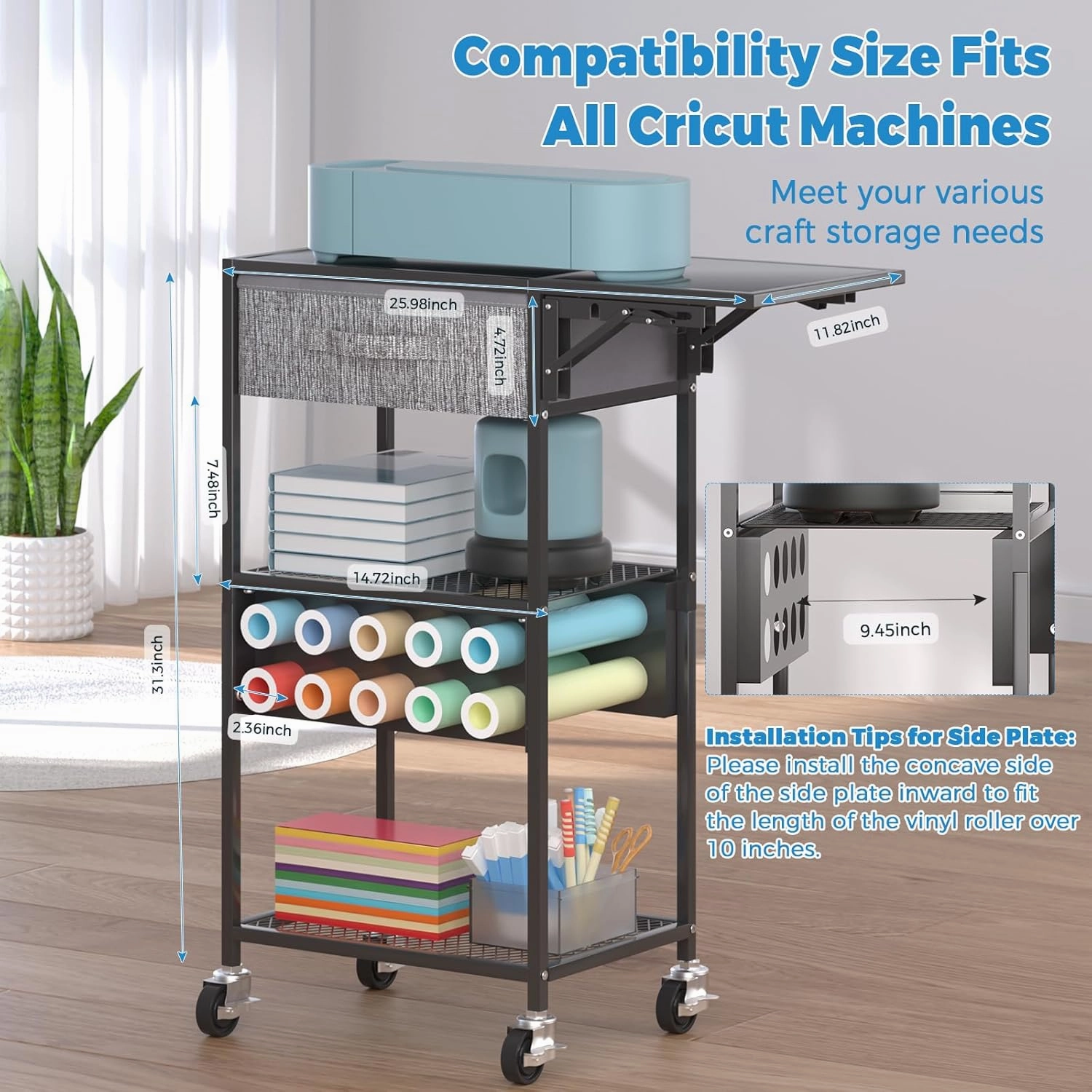 Craft Cart and Organizer Table Compatible with Craft Cutting Machine - Rolling Storage Organizer with Drawer & Vinyl Roll Holder, Crafting Table Workstation Holder for Craft Room Home Office (Black)
