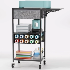 Craft Cart and Organizer Table Compatible with Craft Cutting Machine - Rolling Storage Organizer with Drawer & Vinyl Roll Holder, Crafting Table Workstation Holder for Craft Room Home Office (Black) vinyl accessories,turntable parts,record player tools
