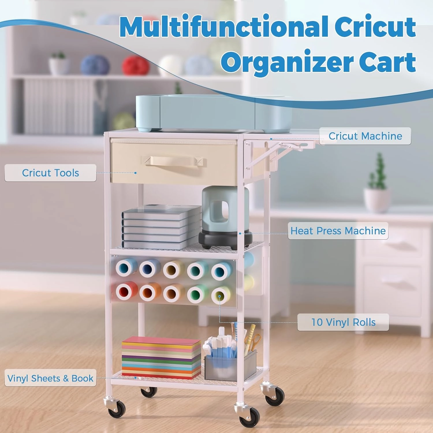 Craft Cart and Organizer Table Compatible with Craft Cutting Machine - Rolling Storage Organizer with Drawer & Vinyl Roll Holder, Crafting Table Workstation Holder for Craft Room Home Office (White)