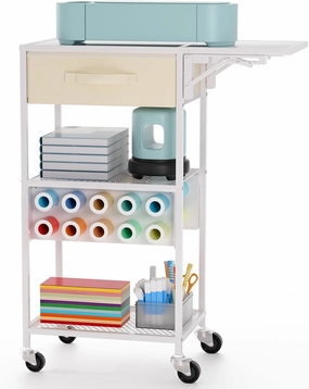 Craft Cart and Organizer Table Compatible with Craft Cutting Machine - Rolling Storage Organizer with Drawer & Vinyl Roll Holder, Crafting Table Workstation Holder for Craft Room Home Office (White) vinyl accessories,turntable parts,record player tools