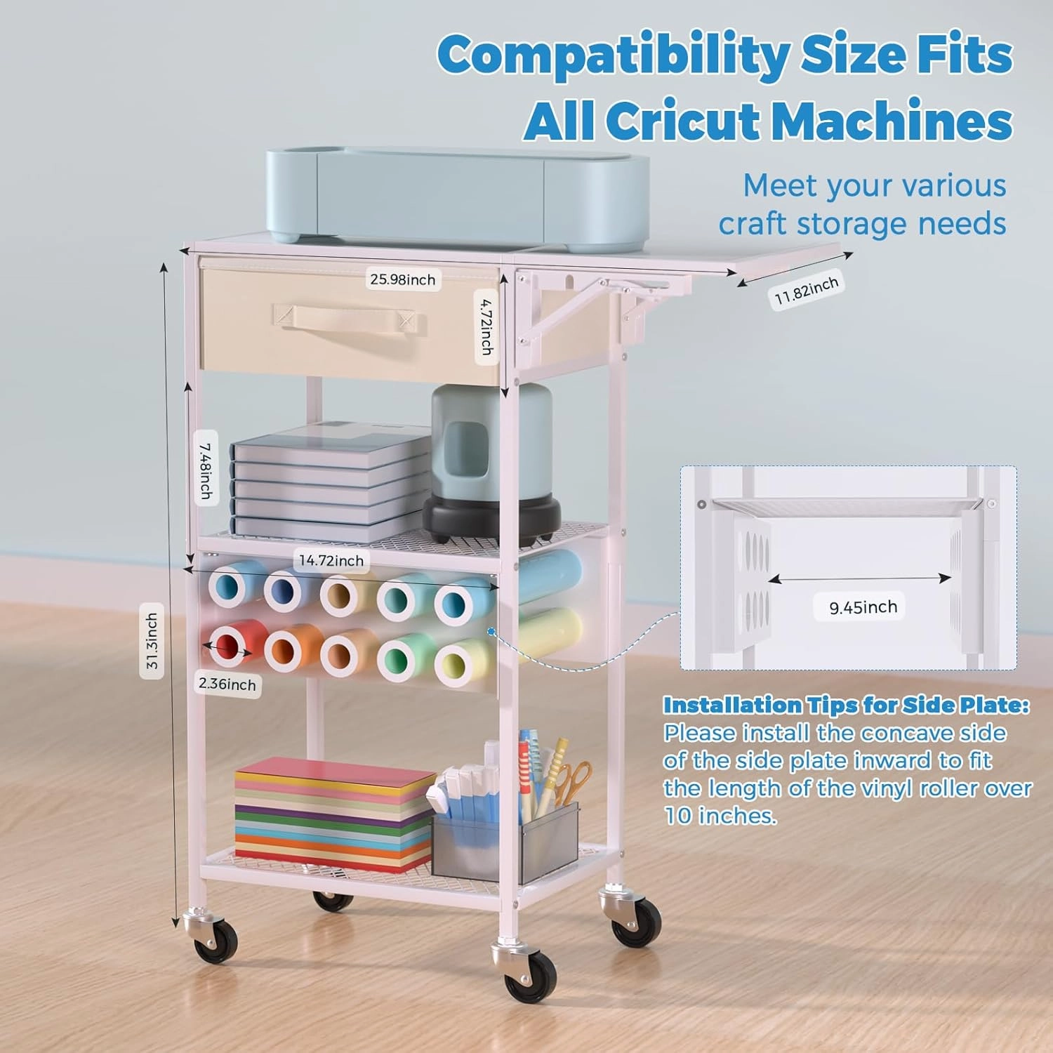 Craft Cart and Organizer Table Compatible with Craft Cutting Machine - Rolling Storage Organizer with Drawer & Vinyl Roll Holder, Crafting Table Workstation Holder for Craft Room Home Office (White)