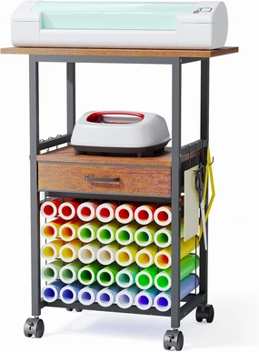 Craft Cart Organizer Table Compatible With Cricut - All-in-One Rolling Storage Cart with Vinyl Roll Holders, Fabric Drawer & Hooks, Crafting Cabinet Workstation Tool Accessories, Dark Brown vinyl accessories,turntable parts,record player tools,