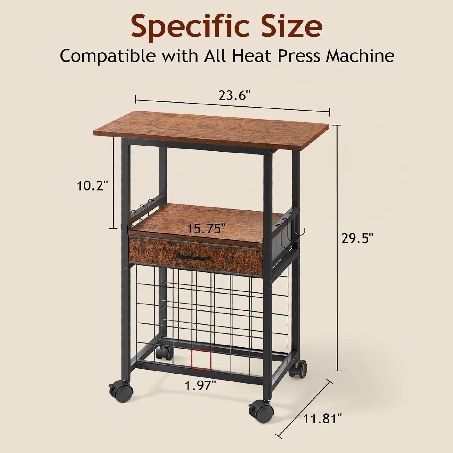 Craft Cart Organizer Table Compatible With Cricut - All-in-One Rolling Storage Cart with Vinyl Roll Holders, Fabric Drawer & Hooks, Crafting Cabinet Workstation Tool Accessories, Dark Brown