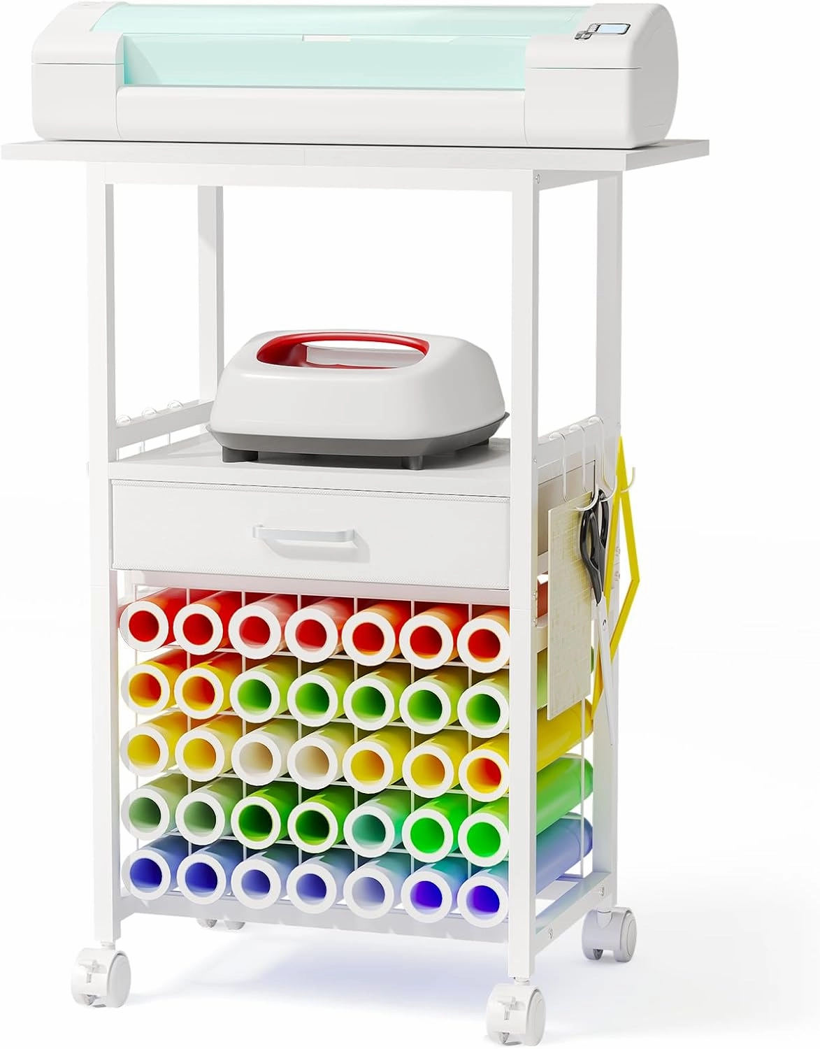 Craft Cart Organizer Table Compatible with Cricut - All-in-One Rolling Storage Cart with Vinyl Roll Holders, Fabric Drawer & Hooks, Crafting Cabinet Workstation Tool Accessories, White vinyl accessories,turntable parts,record player tools,