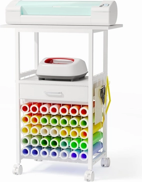 Craft Cart Organizer Table Compatible with Cricut - All-in-One Rolling Storage Cart with Vinyl Roll Holders, Fabric Drawer & Hooks, Crafting Cabinet Workstation Tool Accessories, White vinyl accessories,turntable parts,record player tools,