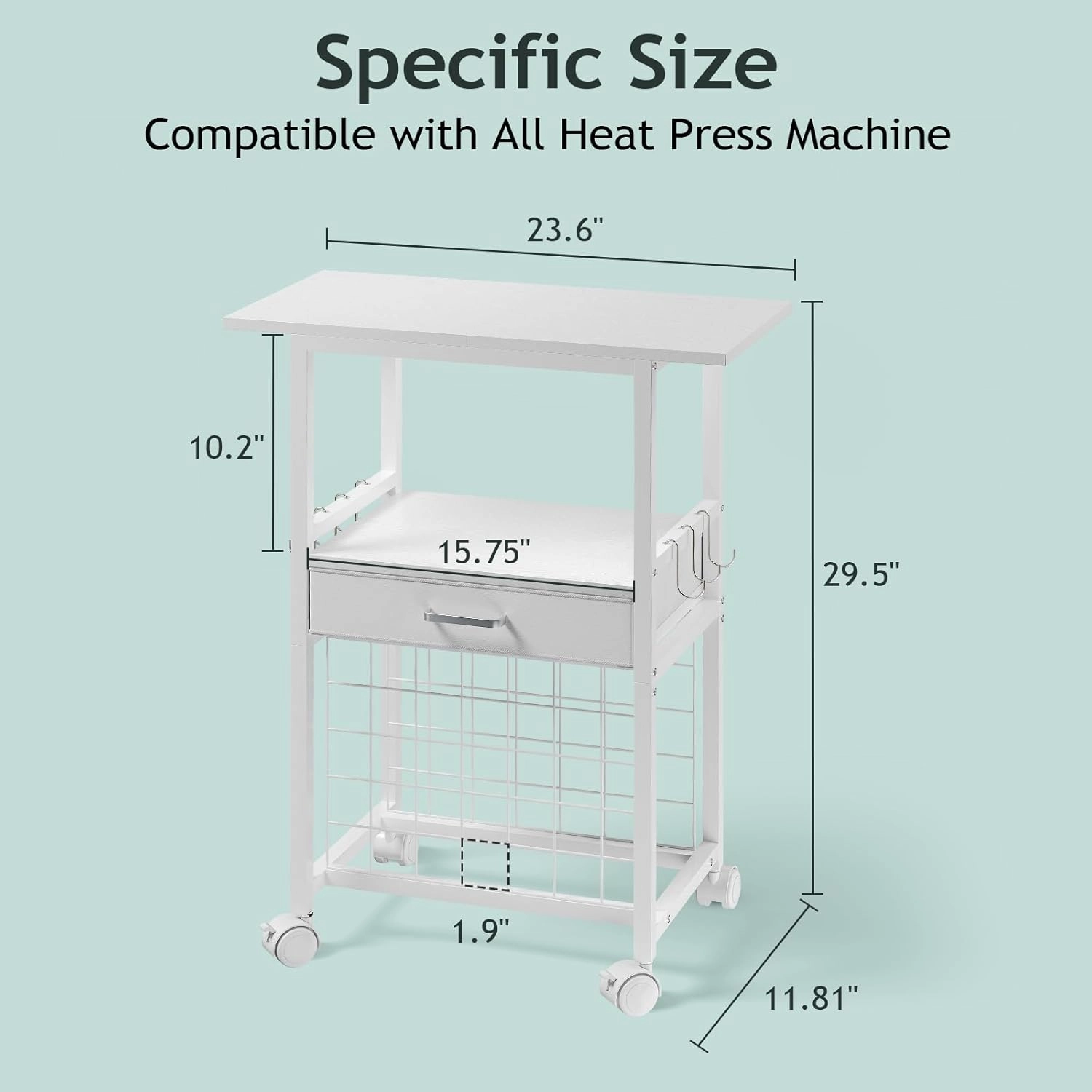 Craft Cart Organizer Table Compatible with Cricut - All-in-One Rolling Storage Cart with Vinyl Roll Holders, Fabric Drawer & Hooks, Crafting Cabinet Workstation Tool Accessories, White