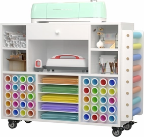 Craft organization and storage Cart Compatible with Cricut Machine, Rolling Craft Organizer With large drawer & 48 Vinyl Roll Holder, Crafting Cabinet Table Workstation for Craft Room Home vinyl storage,record holder,LP organizer,