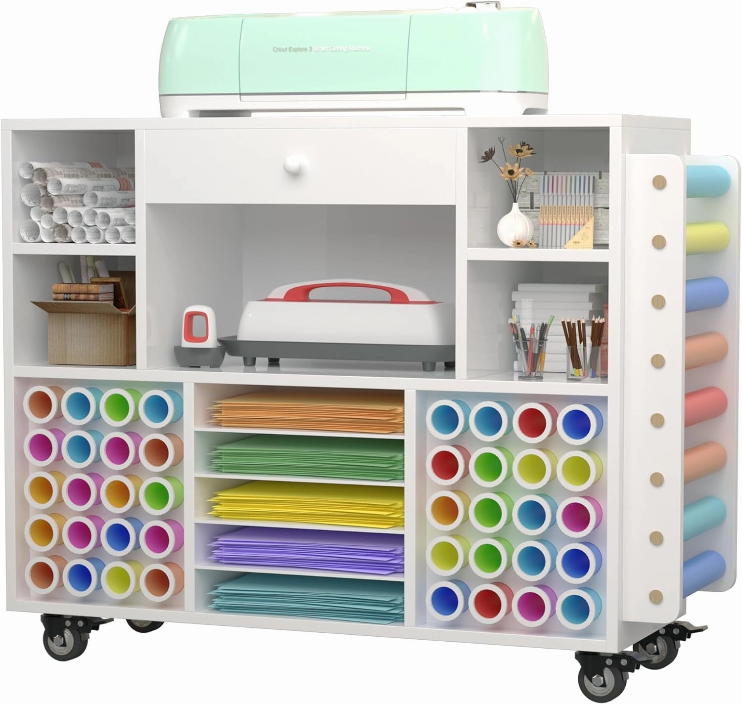 Craft organization and storage Cart Compatible with Cricut Machine, Rolling Craft Organizer With large drawer & 48 Vinyl Roll Holder, Crafting Cabinet Table Workstation for Craft Room Home vinyl storage,record holder,LP organizer,