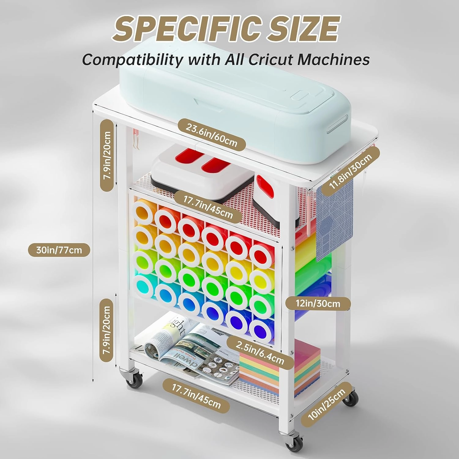 Craft Organizers and Storage for Cricut Machines, Rolling Storage Cart/Shelf with 24 Vinyl Roll Holders, Cutting Machine Stand Workstation Cabinet Desk Stand for Cricut Craft Room Organization