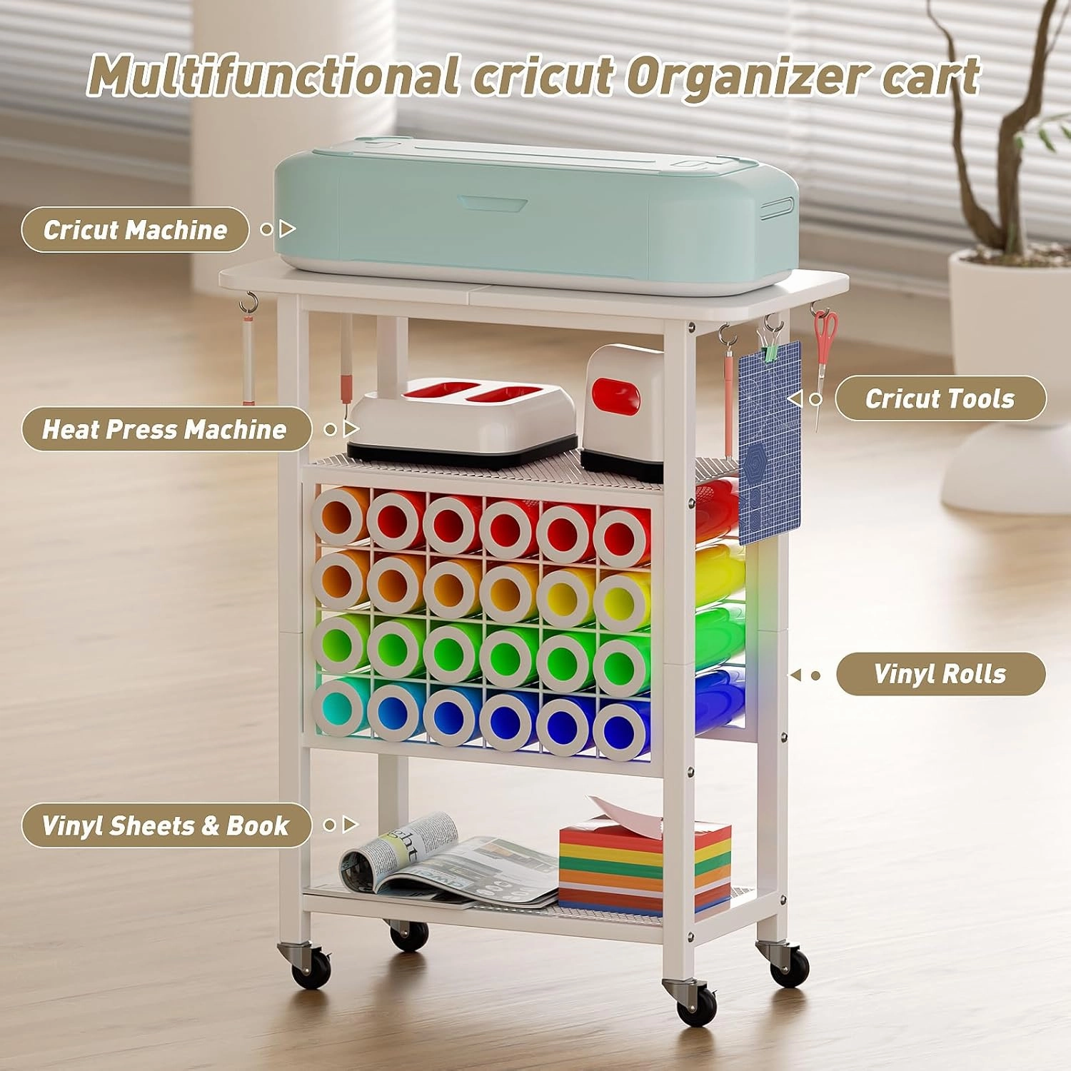 Craft Organizers and Storage for Cricut Machines, Rolling Storage Cart/Shelf with 24 Vinyl Roll Holders, Cutting Machine Stand Workstation Cabinet Desk Stand for Cricut Craft Room Organization