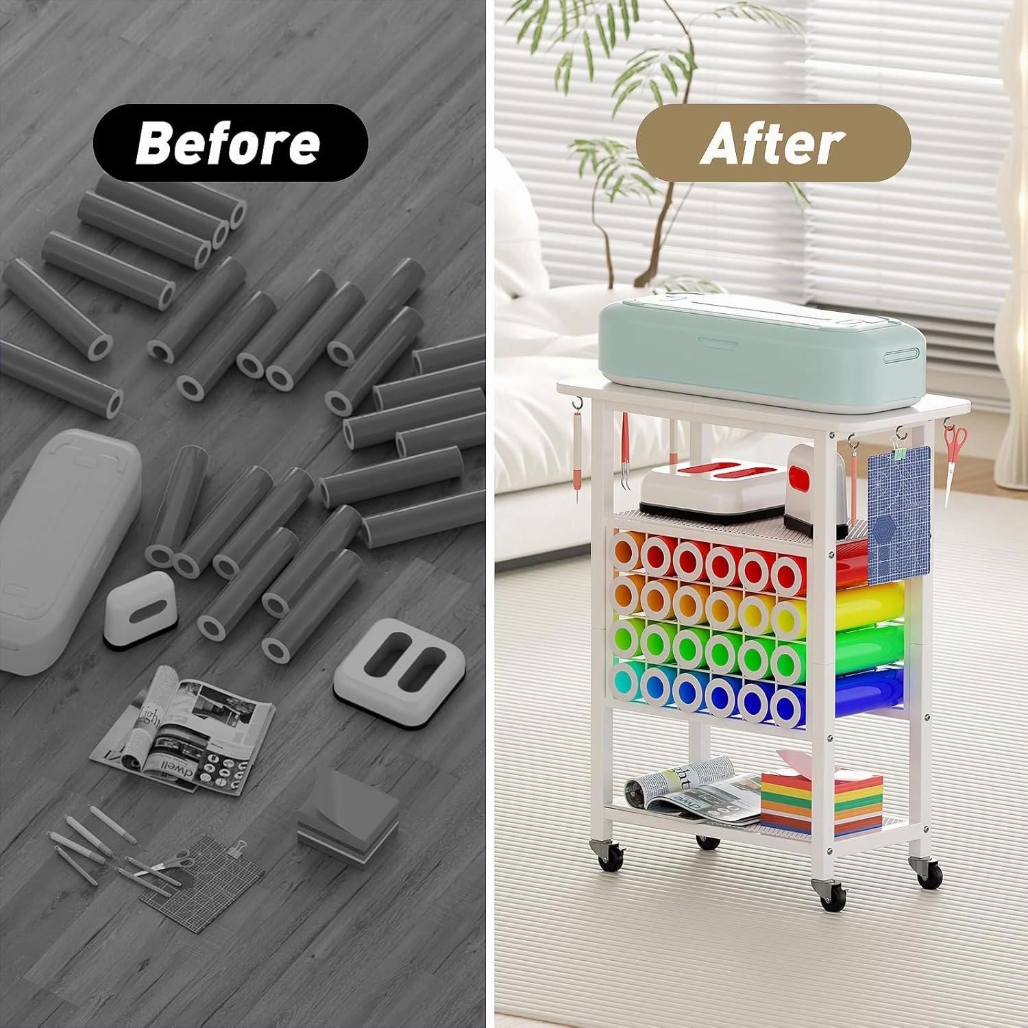 Craft Organizers and Storage for Cricut Machines, Rolling Storage Cart/Shelf with 24 Vinyl Roll Holders, Cutting Machine Stand Workstation Cabinet Desk Stand for Cricut Craft Room Organization