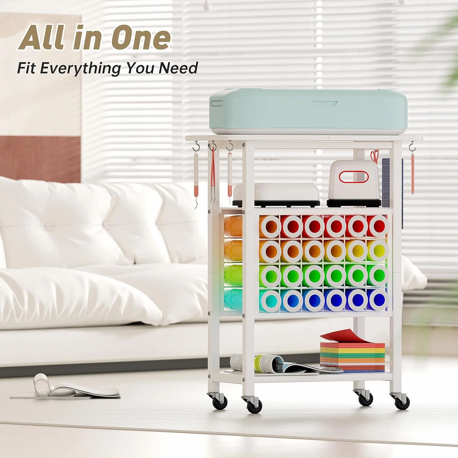 Craft Organizers and Storage for Cricut Machines, Rolling Storage Cart/Shelf with 24 Vinyl Roll Holders, Cutting Machine Stand Workstation Cabinet Desk Stand for Cricut Craft Room Organization