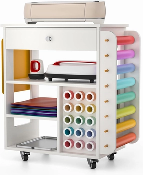 Craft Organizers and Storage Table Compatible with Cricut Machine, VDamu Crafting Cabinet Cart with Vinyl Roll Holder for Craft Room Home Office vinyl storage,record holder,LP organizer,