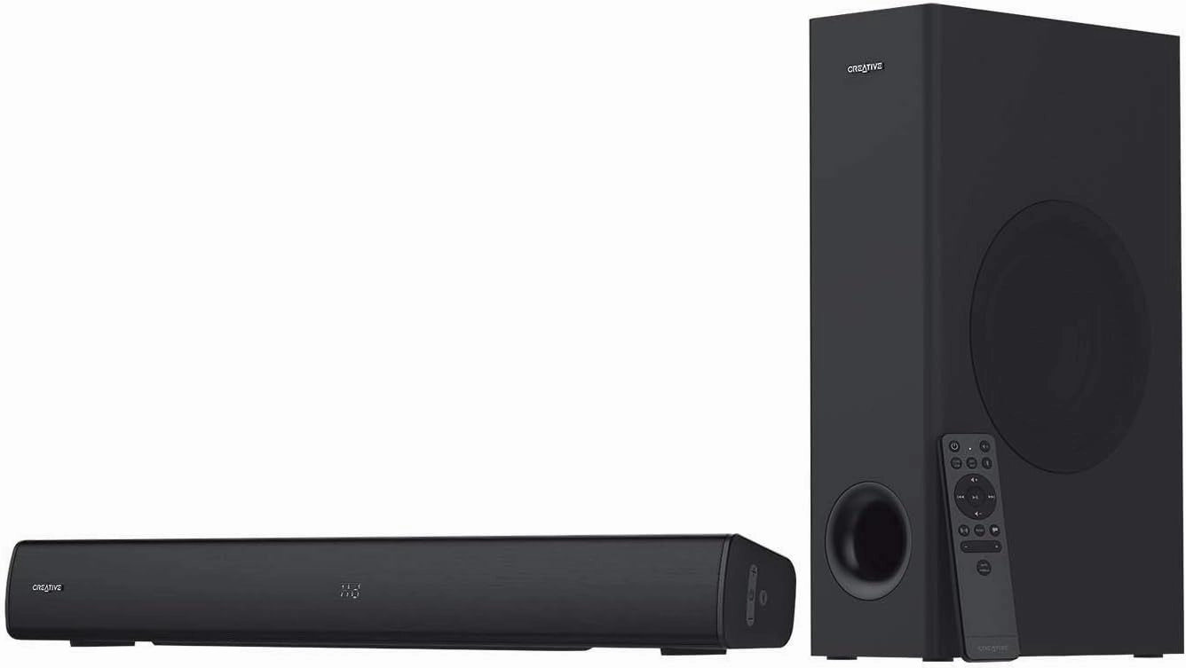 Creative Stage V2 2.1 Soundbar with Subwoofer, Clear Dialog and Surround by Sound Blaster, Bluetooth 5.0, TV ARC, Optical, and USB Audio, Wall Mountable, Adjustable Bass and Treble, for TV soundbar,TV speaker bar,home theater soundbar,