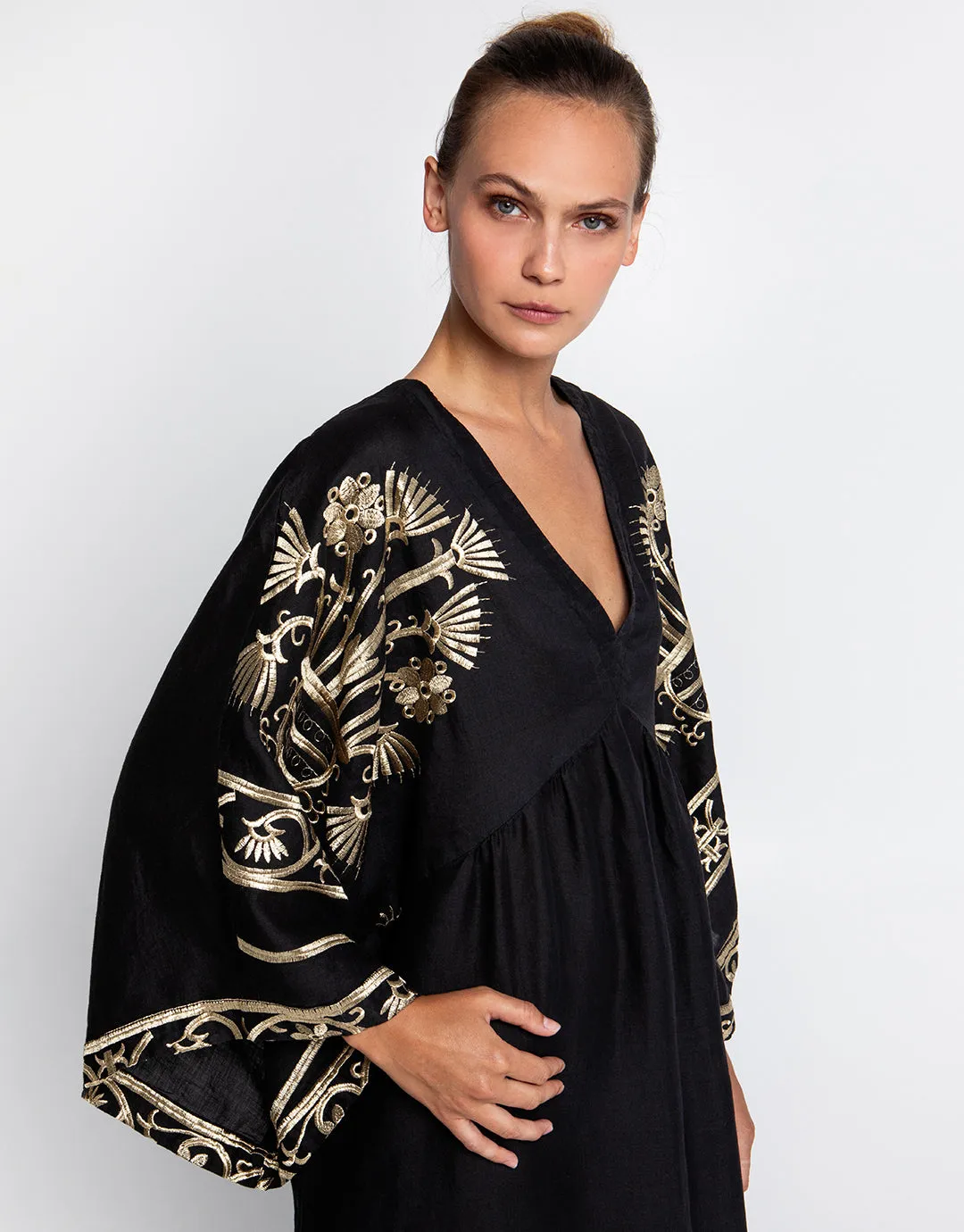 Crete V Neck Midi Kaftan - Black and Gold