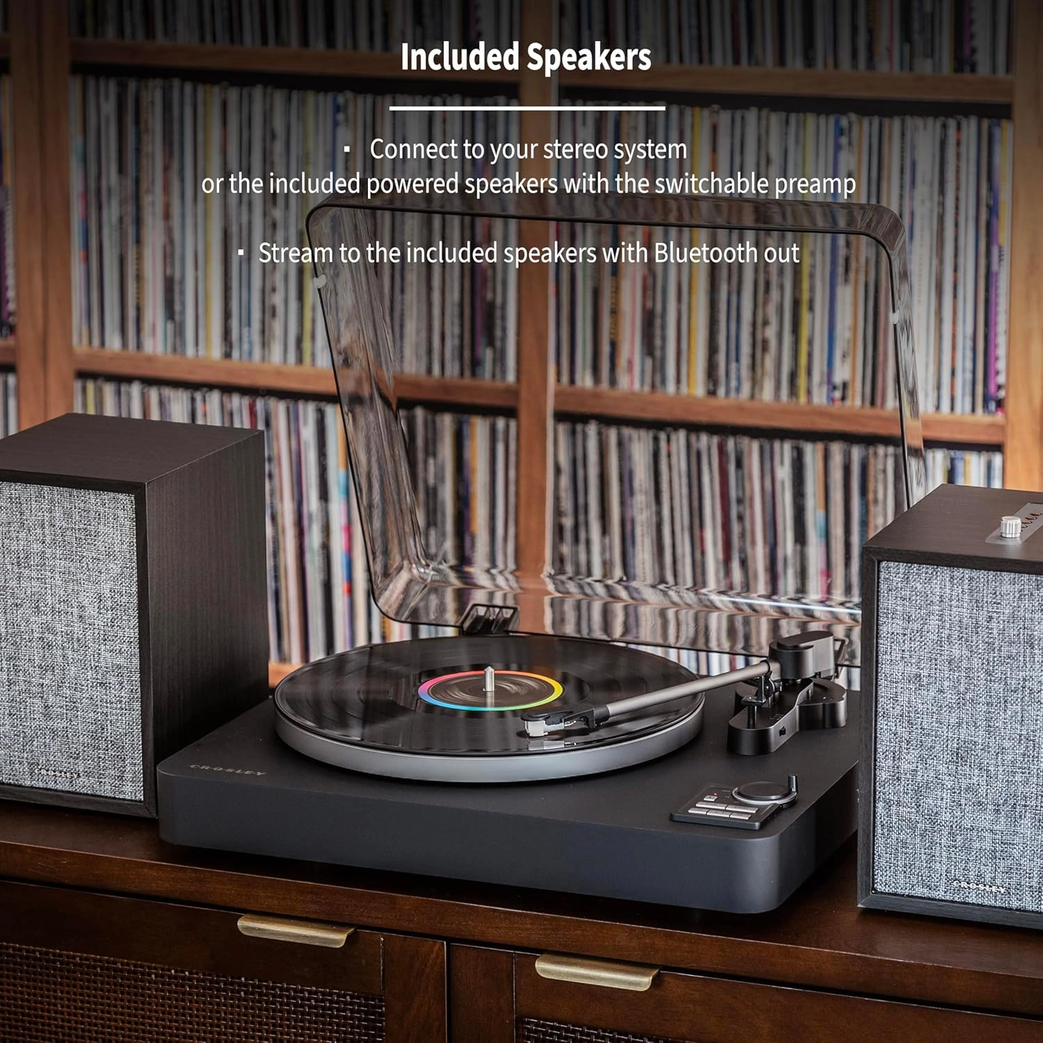 Crosley KT300B Fully Automatic Belt-Drive Bluetooth Turntable Record Player with S200A Stereo Speakers, Black