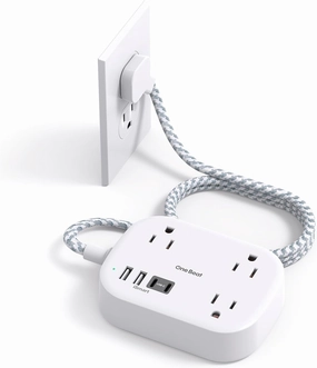 Cruise Essentials 2025,One Beat Travel Power Strip with USB C,Flat Plug Extension Cord with 3 Outlets 4 USB Ports(2 USB C),5 ft Desk Wall Outlet Extender,Non Surge Protector for Cruise,Dorm Room,ETL power cord,hi-fi power cable,AC power lead,