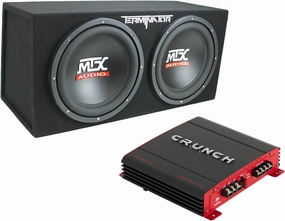 Crunch 2 Channel 1000 Watt Amp Car Audio Stereo Amplifier and MTX 12 Inch 1200 Watt Car Audio Dual Loaded Subwoofer Box Enclosure (2 Pack) audiophile subwoofer,active subwoofer,low frequency speaker,