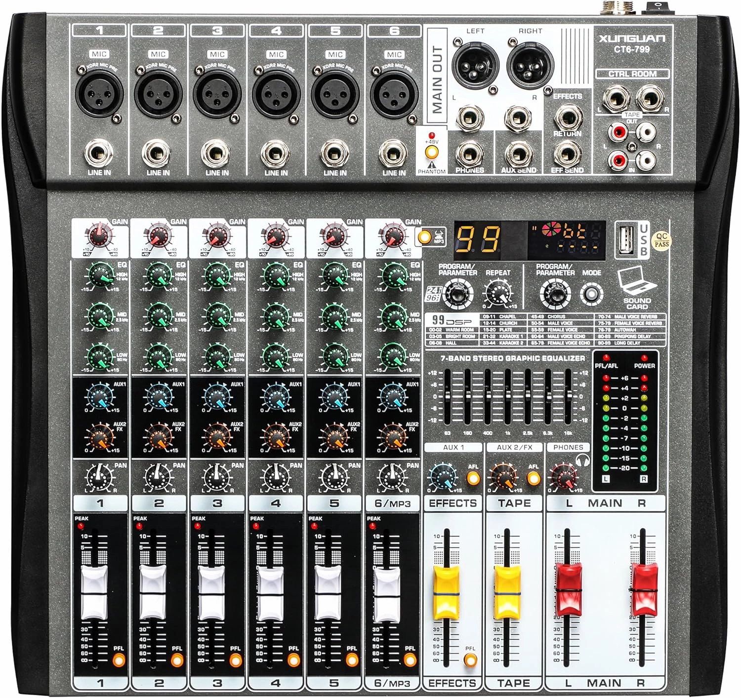 CT6-799 dj mixer Professional audio mixer 6 Channel with MP3 Player 99 DSP digital mixer and effect 7-Band Eq Output 48V Phantom Power Source USB recording Bluetoothdj mixer balanced output player,audiophile player,hi-res digital player,
