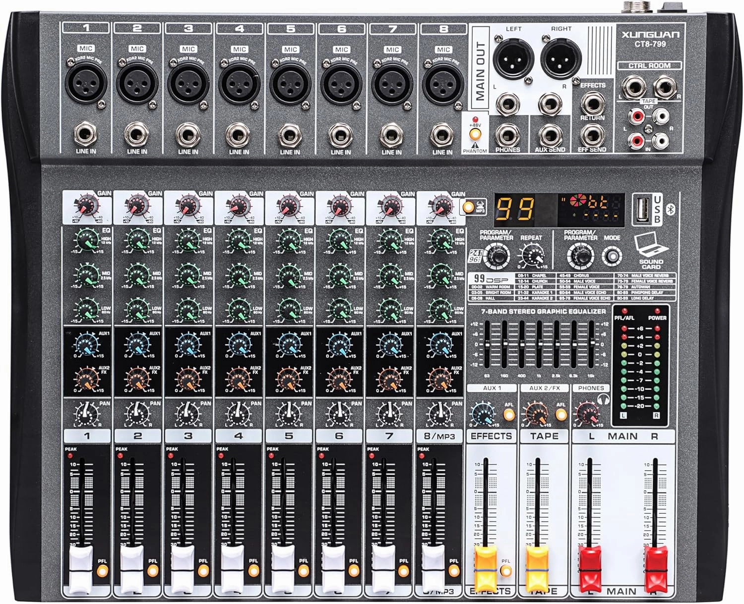 CT8-799 99 dsp,8-channel Professional Audio Mixer DJ Mixer Sound Board,MP3 7Eq,Interface Mixing Console Board for Streaming Karaoke Party Recording 48V phantom power supply mixer console,audio mixing desk,DJ console,