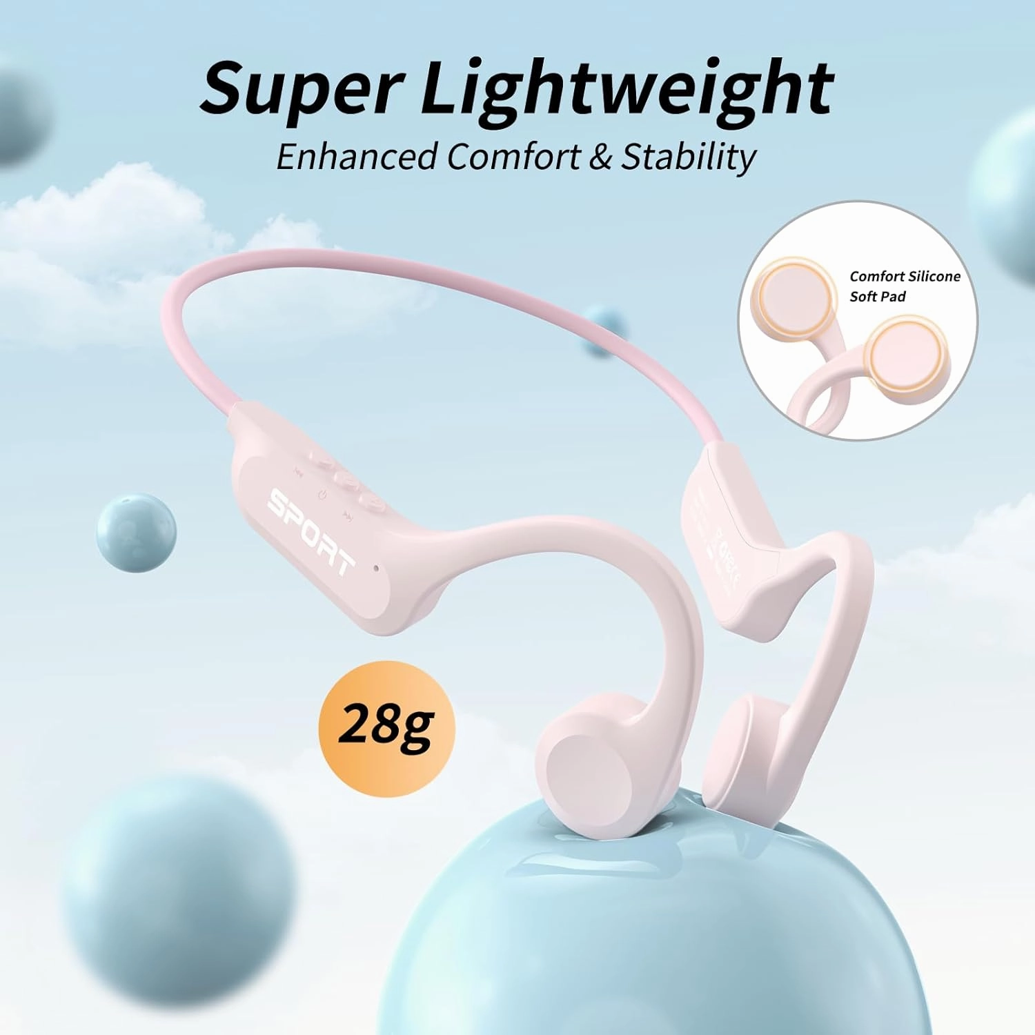 CXK Bone Conduction Earbuds,Open Ear Headphones Bluetooth 5.3, Wireless Headphones 8H Playtime, IPX6 Waterproof Sport Headphones for Sports, Peach