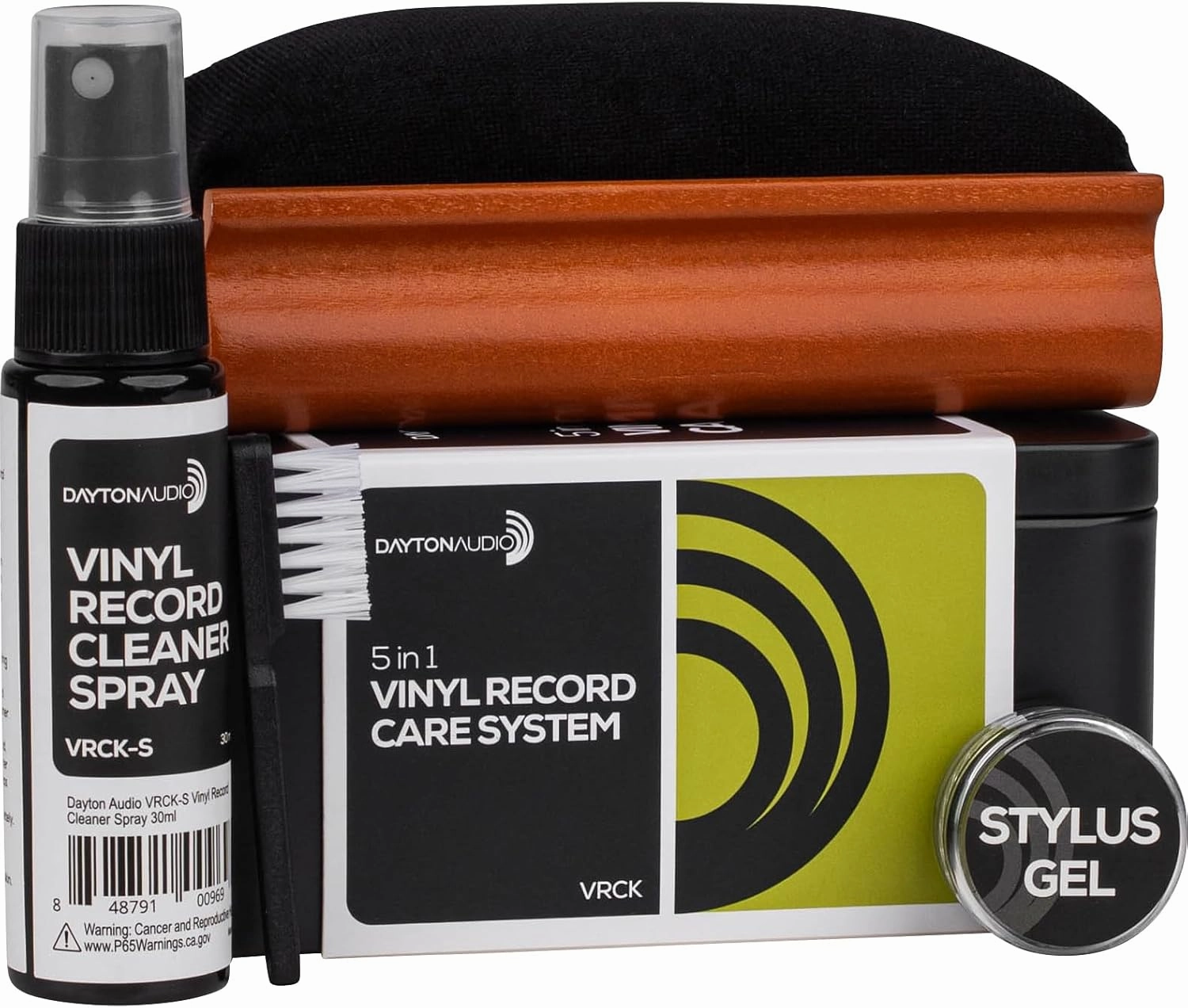 Dayton Audio Vinyl Record Cleaning Kit  VRCK 5-in-1 Complete Care System with Velvet Brush, Cleaning Solution, Stylus Gel, Dust Remover, and Metal Storage Case record cleaning kit,vinyl cleaner,stylus brush set,