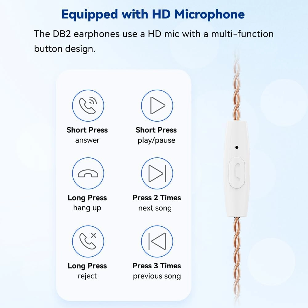 DB2 IEM Earphones with Mic Music Control: Resin 1BA 1DD Hybrid in Ear Monitor Headphones with 2Pin Detachable Cable,3.5mm Wired Earbuds for Gaming/Audiophile/Musician (Black