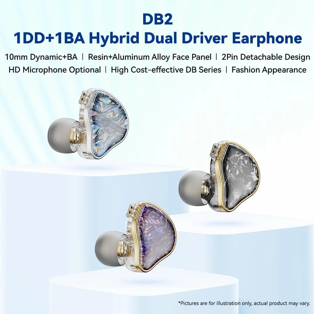DB2 IEM Earphones with Mic Music Control: Resin 1BA 1DD Hybrid in Ear Monitor Headphones with 2Pin Detachable Cable,3.5mm Wired Earbuds for Gaming/Audiophile/Musician (Blue)