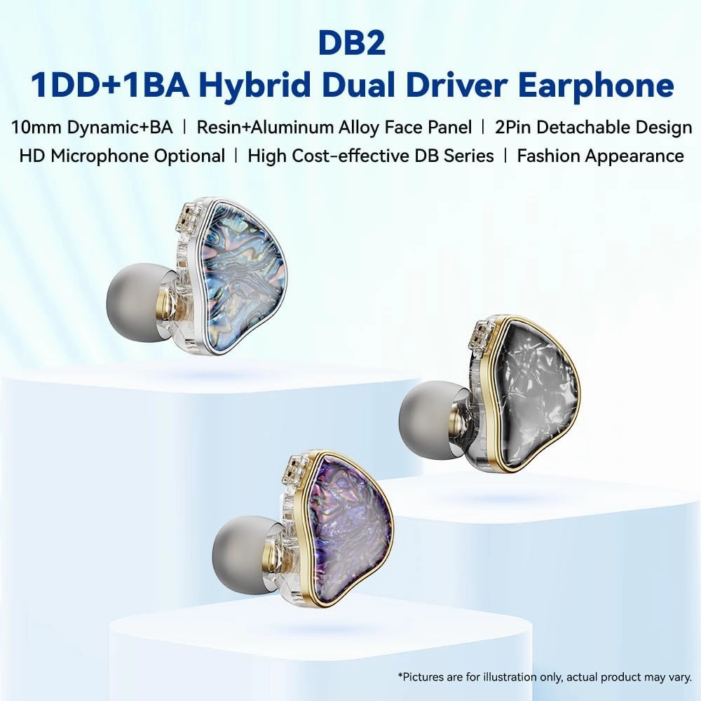 DB2 IEM Earphones Without Microphone: Resin 1BA 1DD Hybrid in Ear Monitor Headphones with 2Pin Detachable Cable, 3.5mm Wired Earbuds for Gaming/Audiophile/Musician/Singe (Blue)