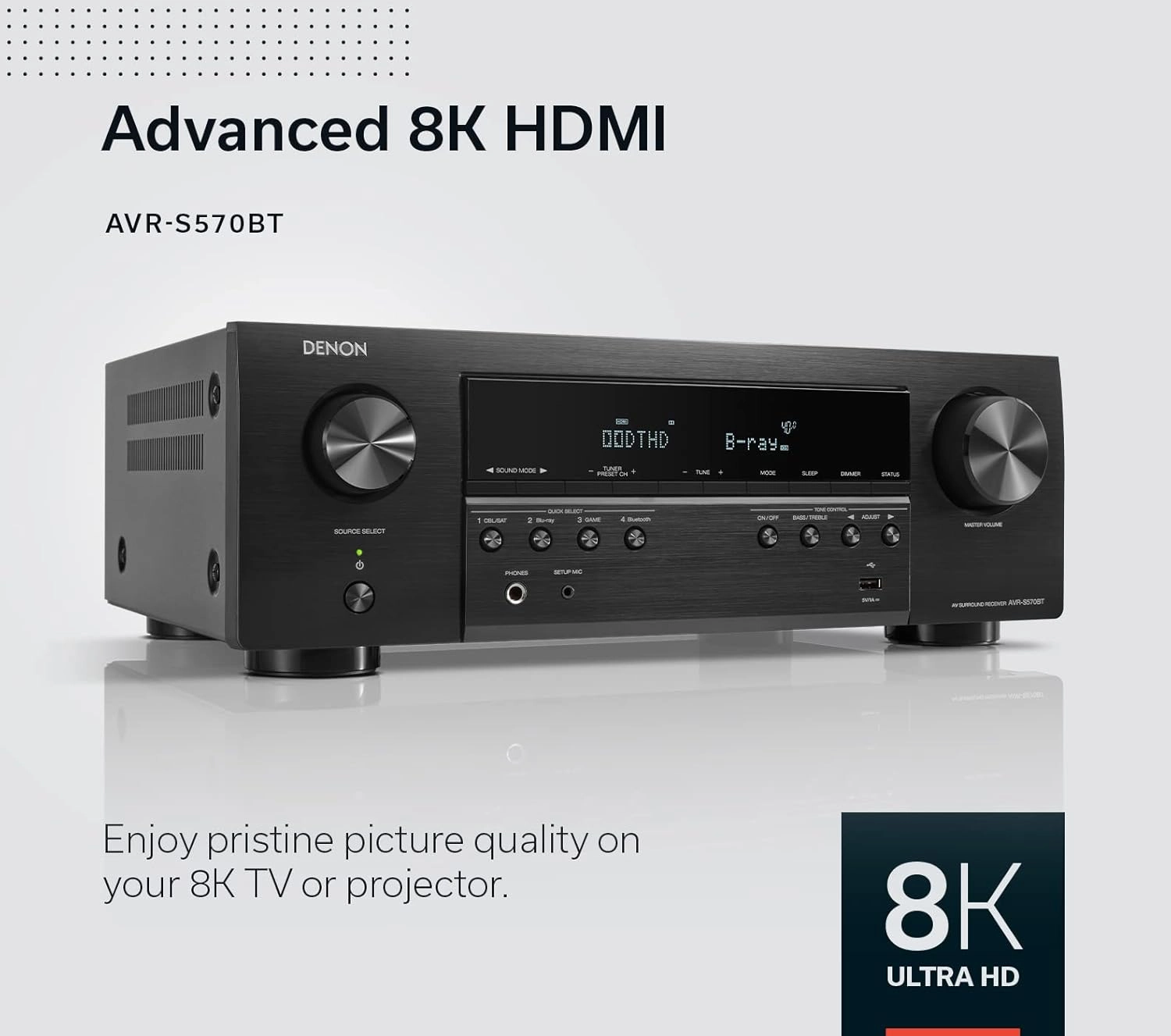 Denon AVR-S570BT 5.2 Channel AV Receiver - 8K Ultra HD Audio & Video, Enhanced Gaming Experience, Wireless Streaming via Built-in Bluetooth, (4) 8K HDMI Inputs, Supports eARC, HD Setup Assistant