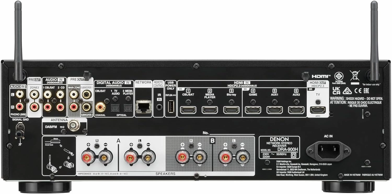 Denon Receiver DRA-900H - 2-Channel Stereo Network Receiver - 100W/Ch. Hi-Fi Amplification, Built-in HEOS, HDCP 2.3 Processing with ARC/eARC Support, Dolby Vision, HLG, Dynamic HDR