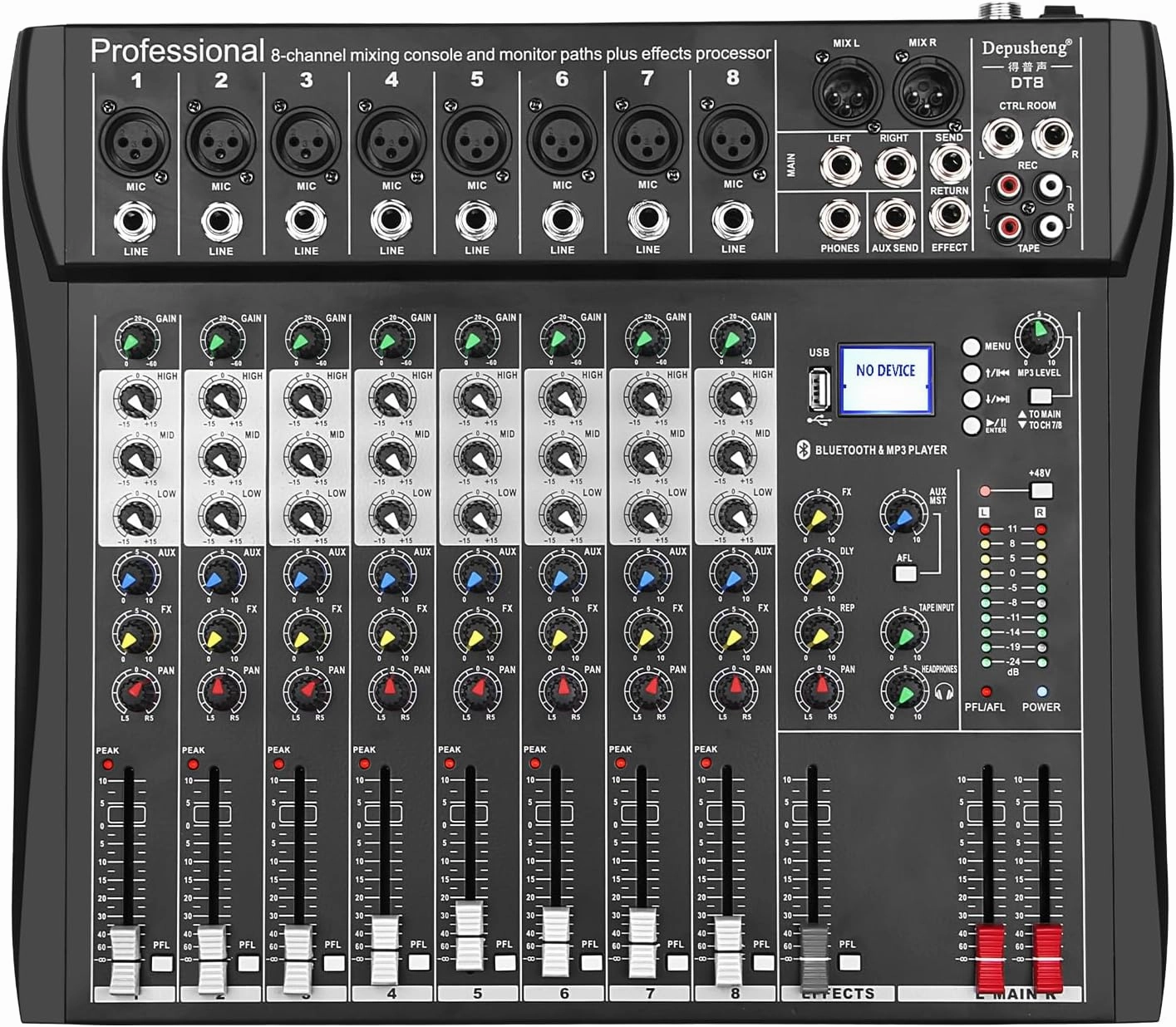 Depusheng DT8 Professional Mixer Sound Board Console 8 Channel Desk System Interface Digital USB Computer MP3 Input 48V Phantom Power Stereo DJ Studio FX Steel Chassis,Black audio interface,USB interface,music recording input,