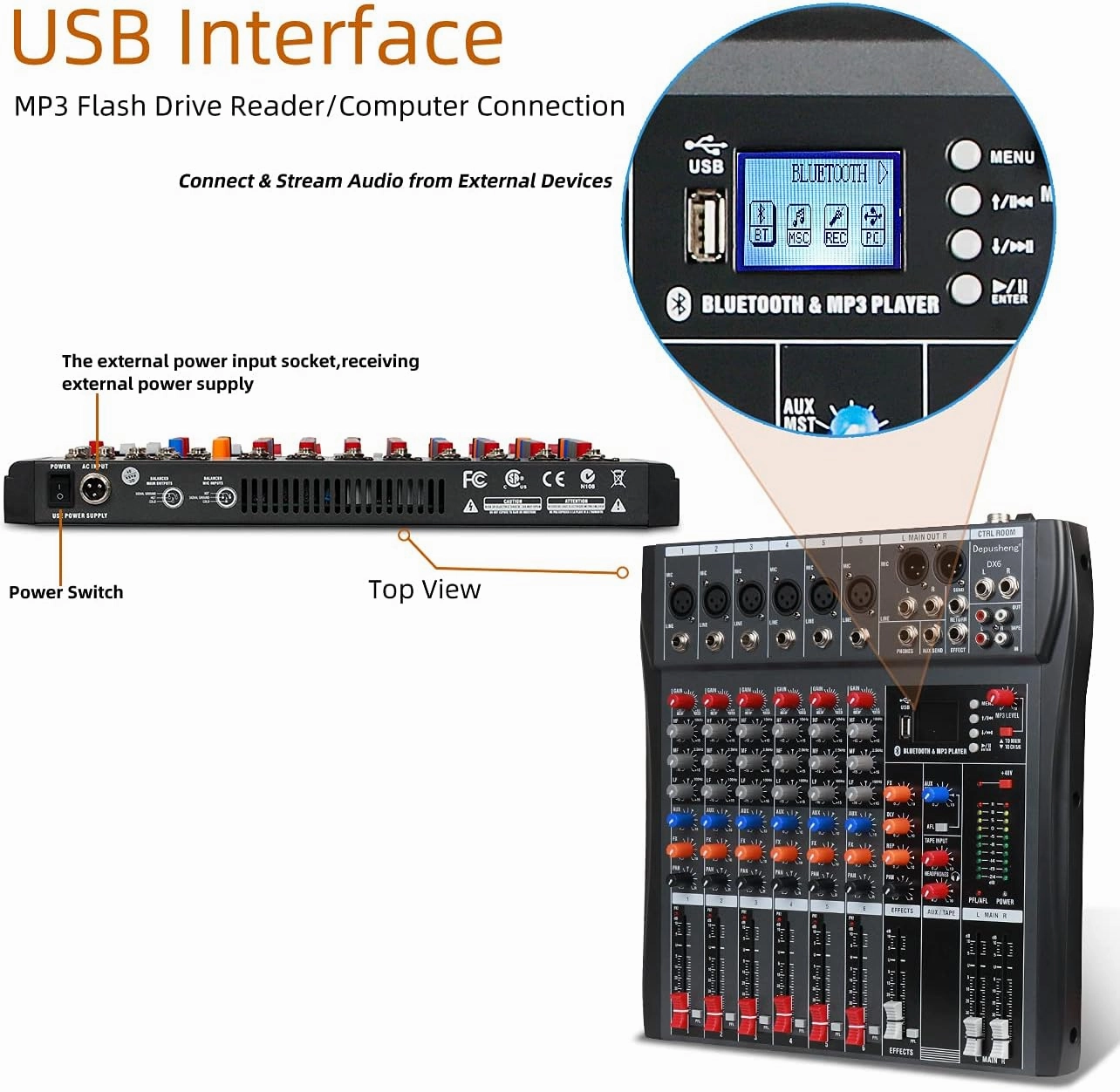 Depusheng DX6 Professional Mixer Sound Board Console 6 Channel Desk System Interface Digital USB MP3 Input 48V Phantom Power Stereo DJ Studio FX Steel Chassis,Black Bluetooth USB Audio Mixer for PC