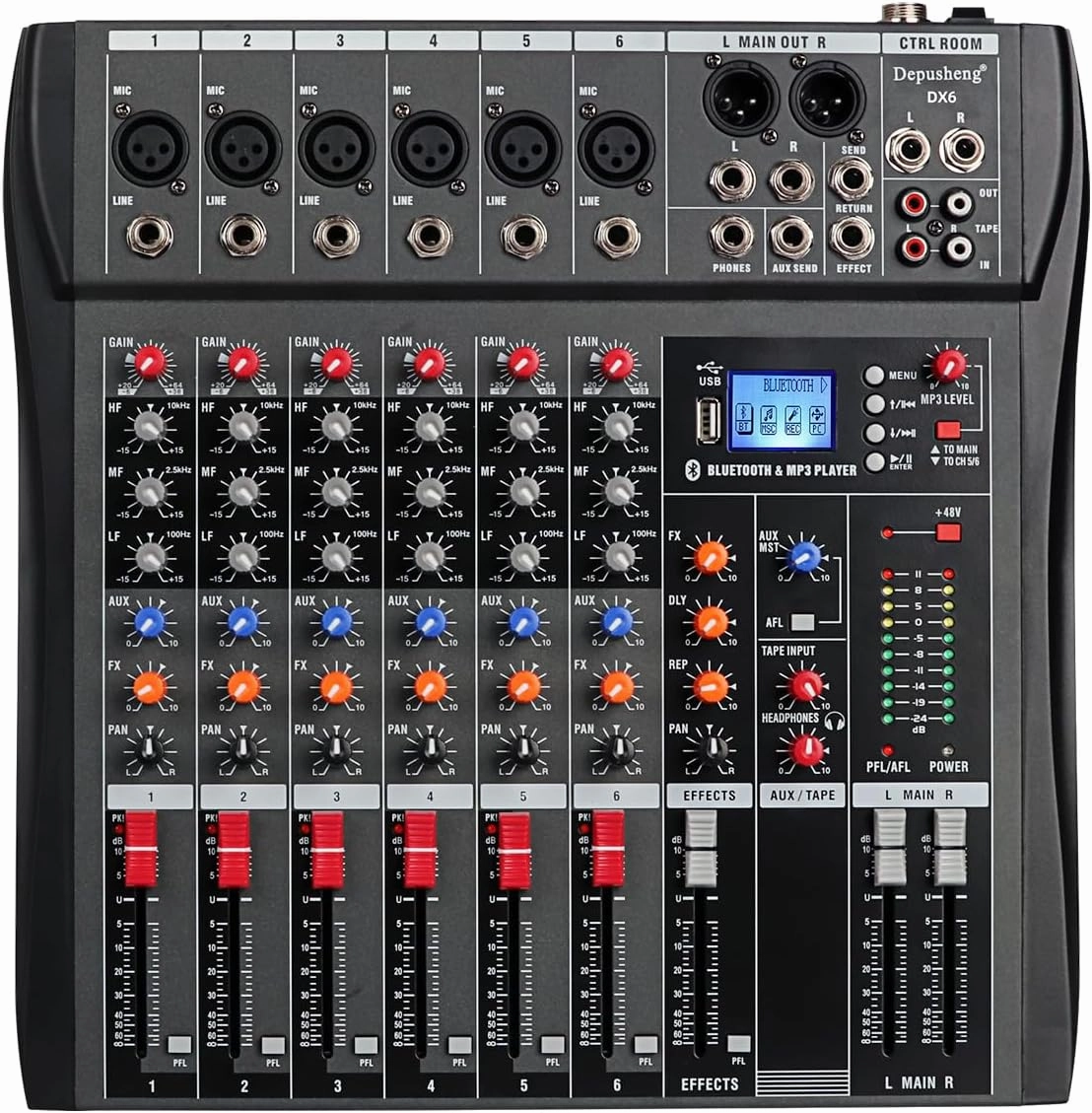 Depusheng DX6 Professional Mixer Sound Board Console 6 Channel Desk System Interface Digital USB MP3 Input 48V Phantom Power Stereo DJ Studio FX Steel Chassis,Black Bluetooth USB Audio Mixer for PC balanced output player,audiophile player,hi-res digital pl