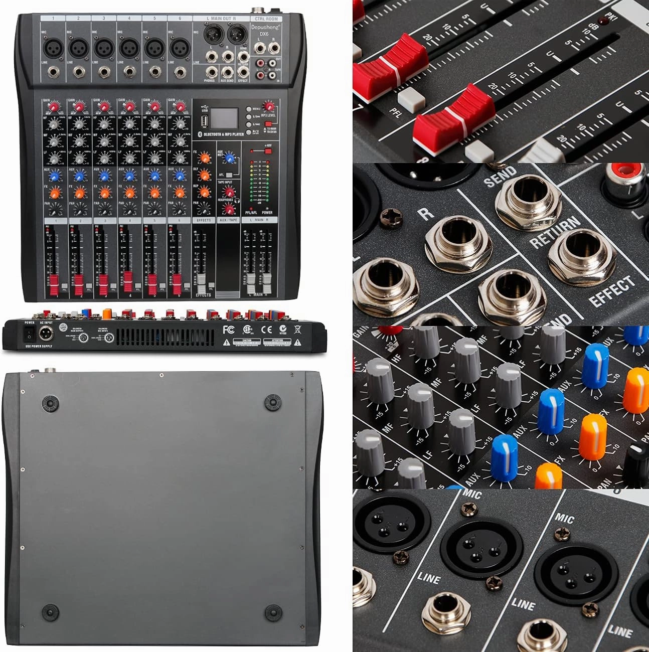 Depusheng DX6 Professional Mixer Sound Board Console 6 Channel Desk System Interface Digital USB MP3 Input 48V Phantom Power Stereo DJ Studio FX Steel Chassis,Black Bluetooth USB Audio Mixer for PC