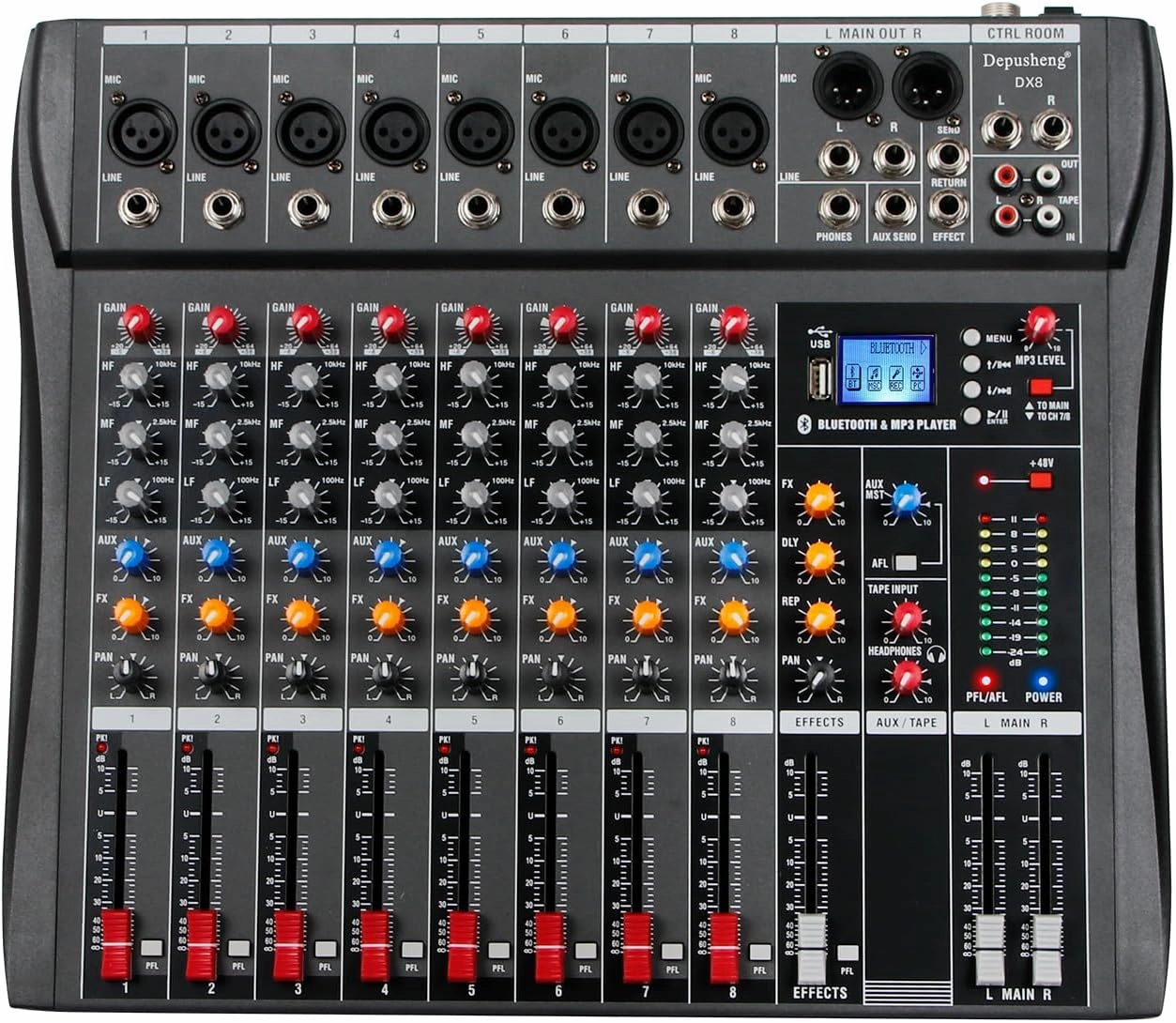 Depusheng DX8 Professional Mixer Sound Board Console 8 Channel Desk System Interface Digital USB MP3 Input 48V Phantom Power Stereo DJ Studio FX Steel Chassis,Black Bluetooth USB Audio Mixer for PC mixer console,audio mixing desk,DJ console,