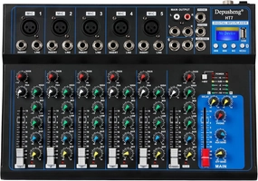 Depusheng HT7 Bluetooth Portable Audio Mixer w/USB DJ Sound Mixing Console MP3 Jack 48V Power for Computer Recording, 7-Channel Bands Mixing Boards For Studio Recording mixer console,audio mixing desk,DJ console,
