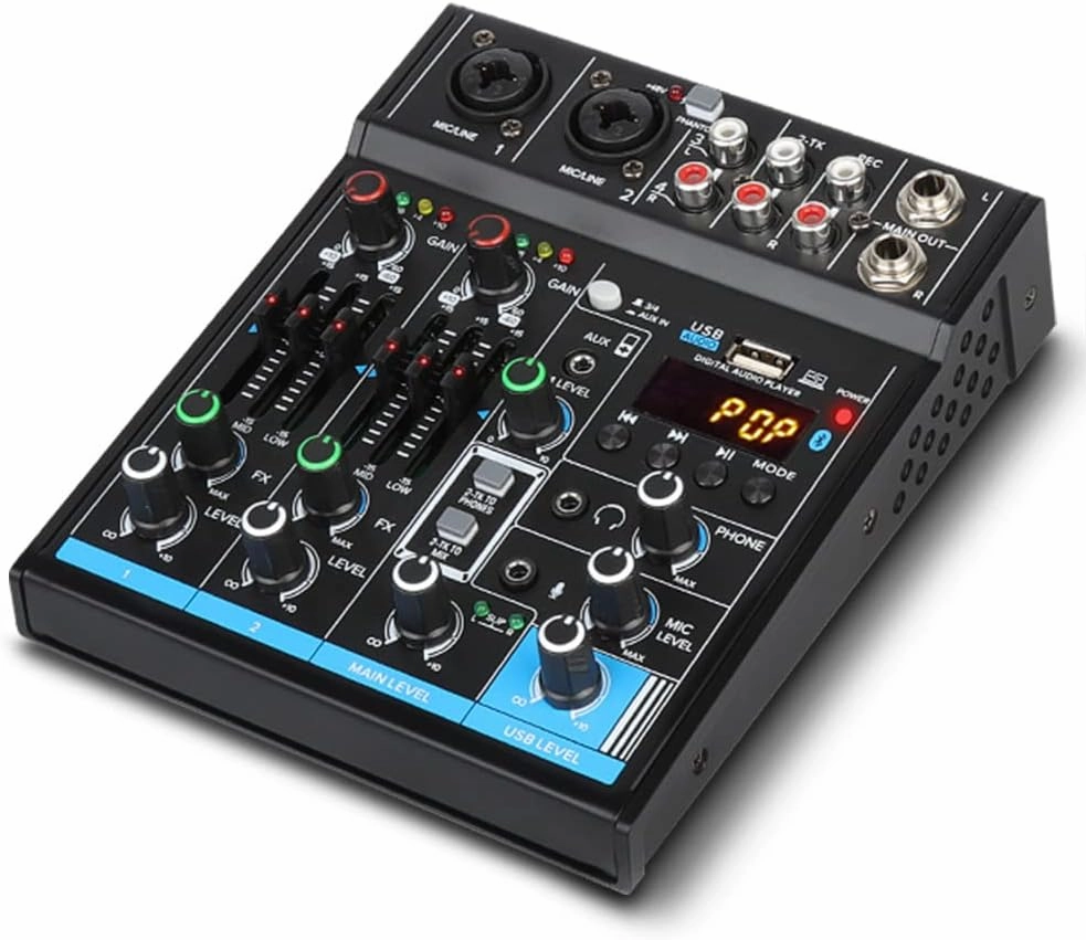 Depusheng M4 Portable Mini Mixer 4-Channel Audio Mixer DJ Console with Sound Card, Bluetooth Function, USB, 48V Phantom Power for PC Recording Webcast Party audio interface,USB interface,music recording input,