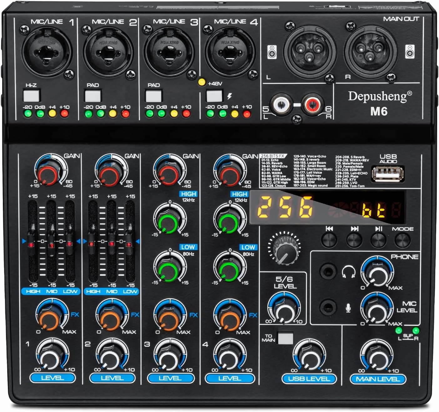 Depusheng M6 6 channel DJ mixer Portable Bluetooth MP3 Sound Mixing Console Built-in 256 digital effects with 48V Phantom Power, USB interface for computer recording Live Streaming,Podcasting,Karaok audio interface,USB interface,music recording input,
