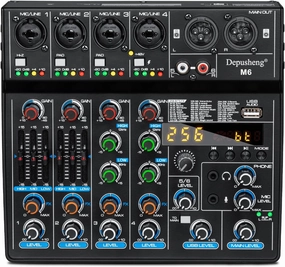 Depusheng M6 6 channel DJ mixer Portable Bluetooth MP3 Sound Mixing Console Built-in 256 digital effects with 48V Phantom Power, USB interface for computer recording Live Streaming,Podcasting,Karaok audio interface,USB interface,music recording input,