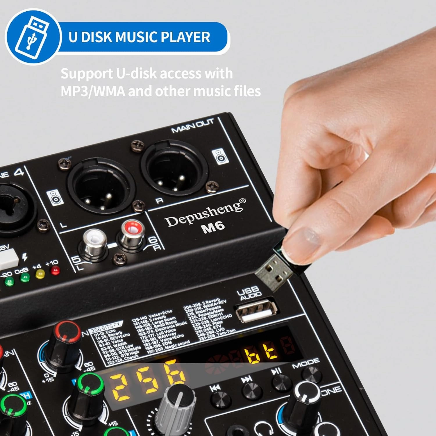 Depusheng M6 6 channel DJ mixer Portable Bluetooth MP3 Sound Mixing Console Built-in 256 digital effects with 48V Phantom Power, USB interface for computer recording Live Streaming,Podcasting,Karaok