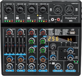 Depusheng M6 Portable Mini Mixer 6-Channel Audio Mixer DJ Console with Sound Card, Bluetooth Function, USB, 48V Phantom Power for PC Recording Webcast Party with 256 DSP mixer console,audio mixing desk,DJ console,